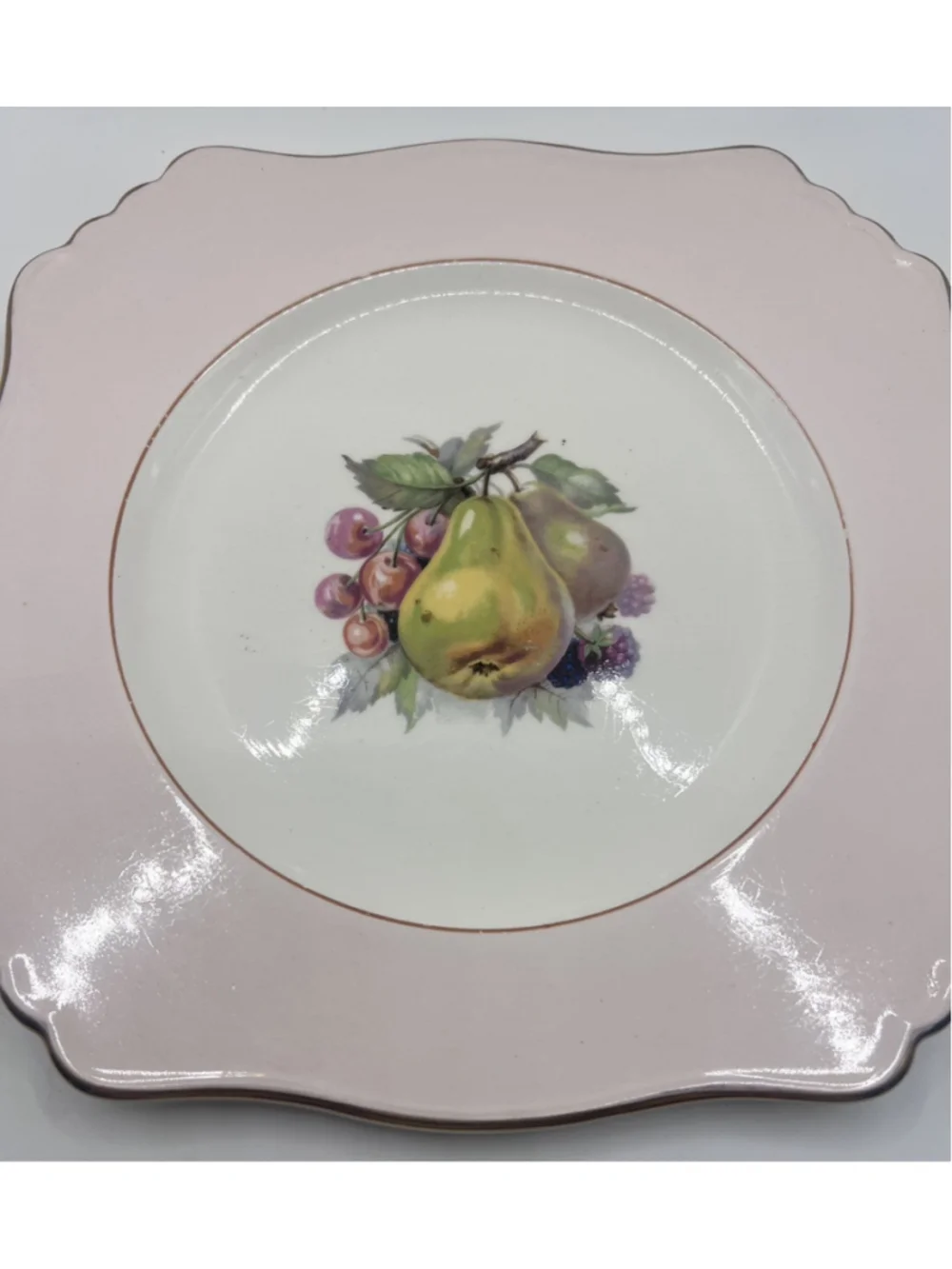 Royal Winton England Grimwades Plate 8.5” Pink Square Fruit Scalloped Gold Edges